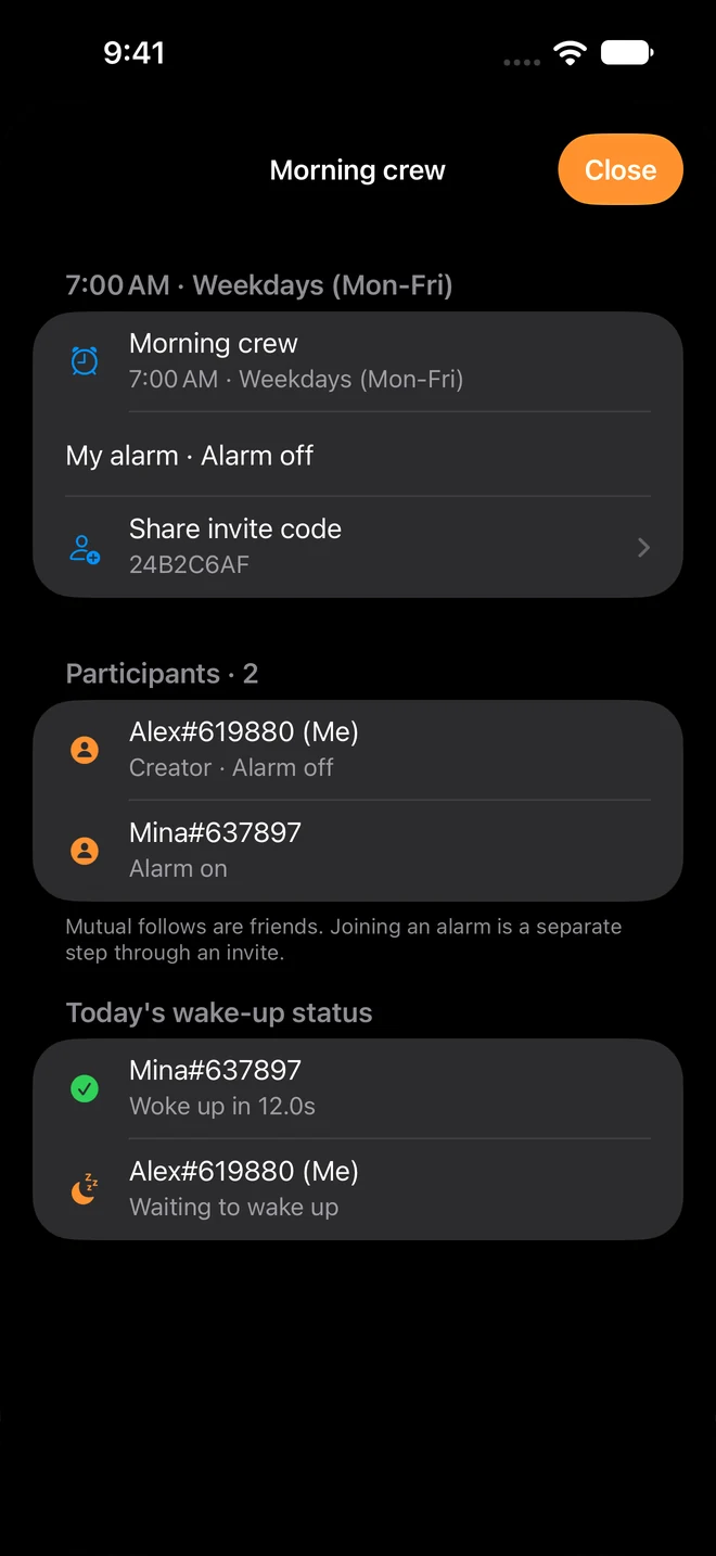 An AlarmCrew detail screen with an invite code, participants, and today's wake-up status