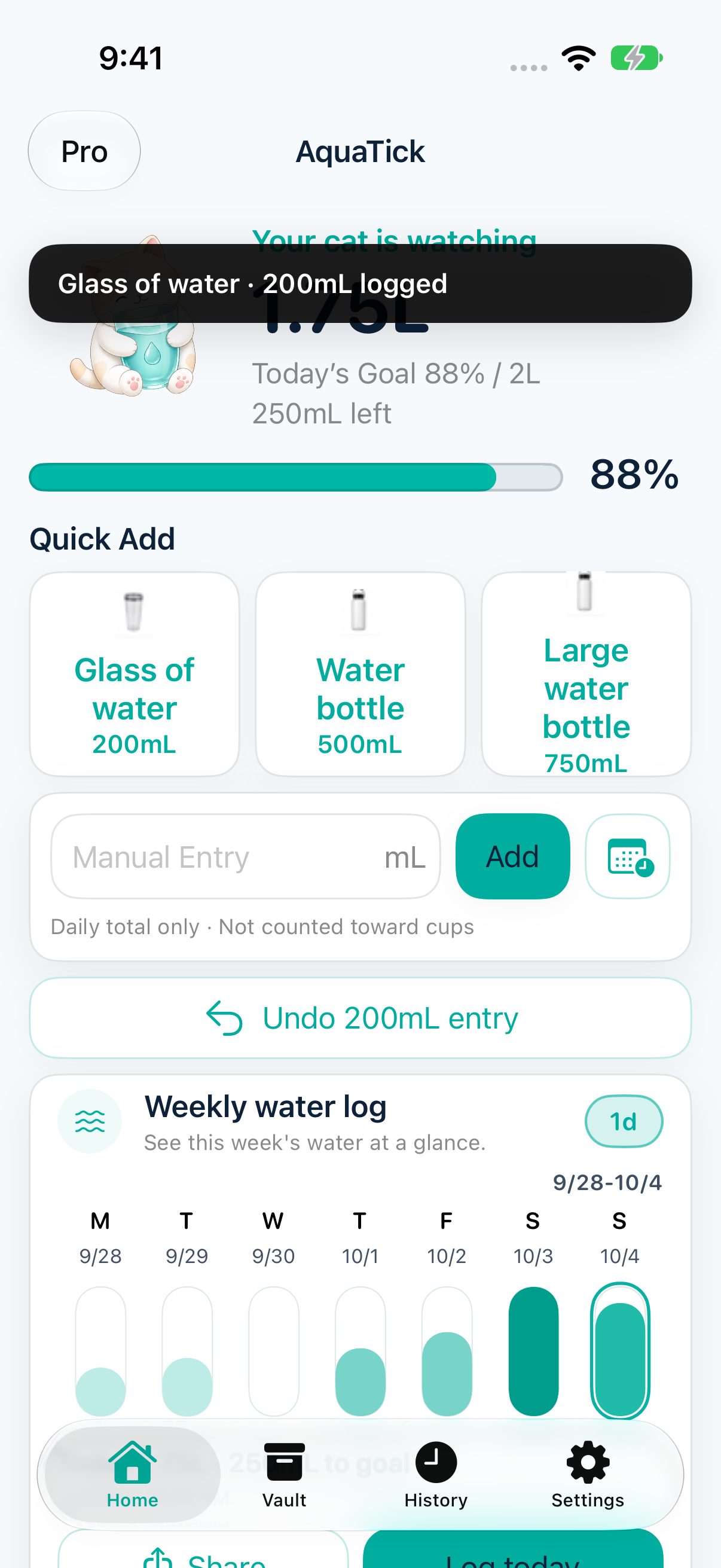 AquaTick Home showing 1.75L after a 200mL entry