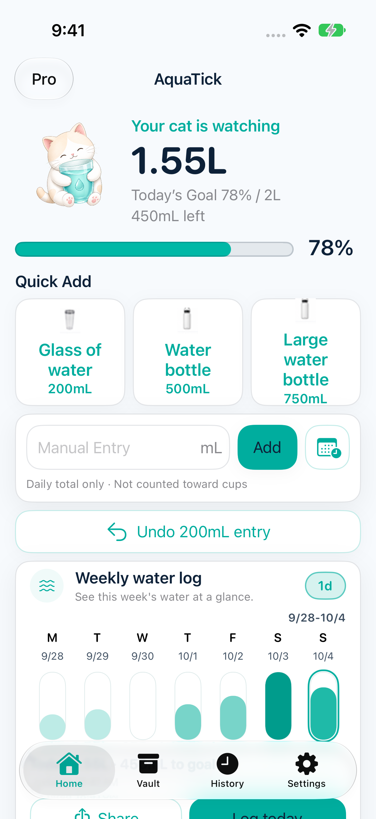 AquaTick Home with daily water progress and favorite cups